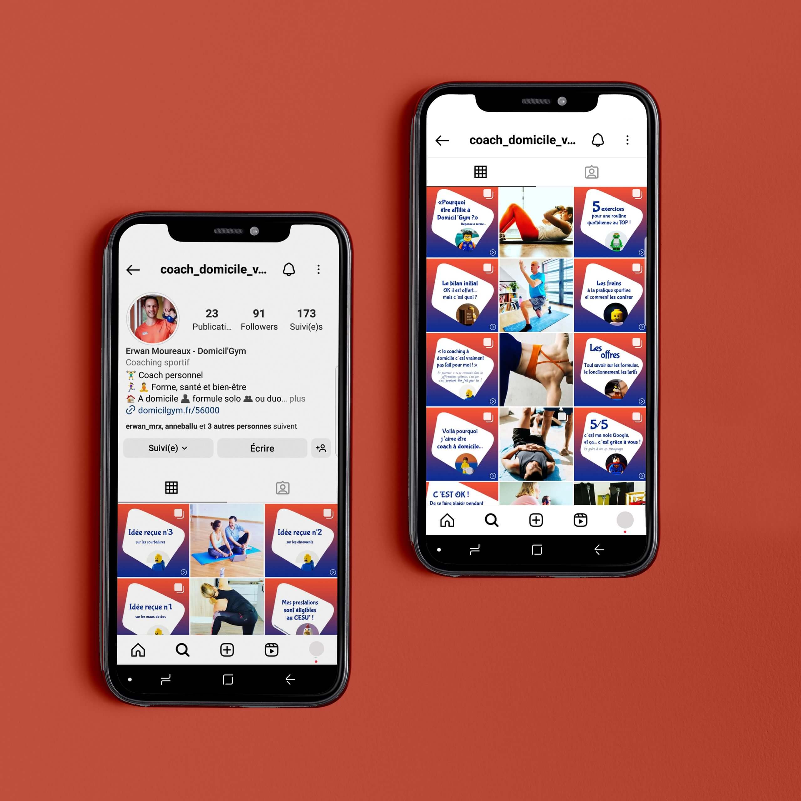 Écrans de téléphone avec le compte instagram du coach